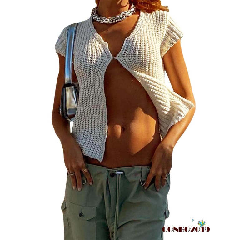 Áo Crop Top Dệt Kim Tay Ngắn Một Hàng Nút Màu Trơn Thời Trang Mùa Hè Cho Nữ