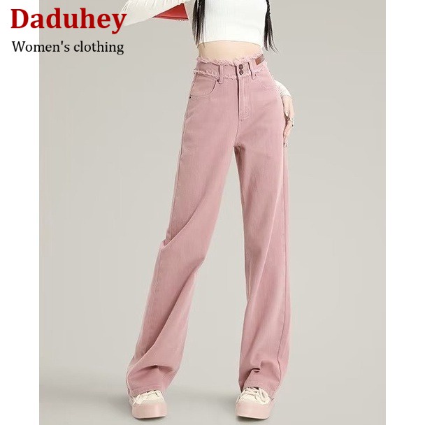 DaDuHey💕 2023 New Korean Version of INS Dirty Pink WOMEN'S Jeans High Waist Loose Wide Leg Pants Niche Trousers