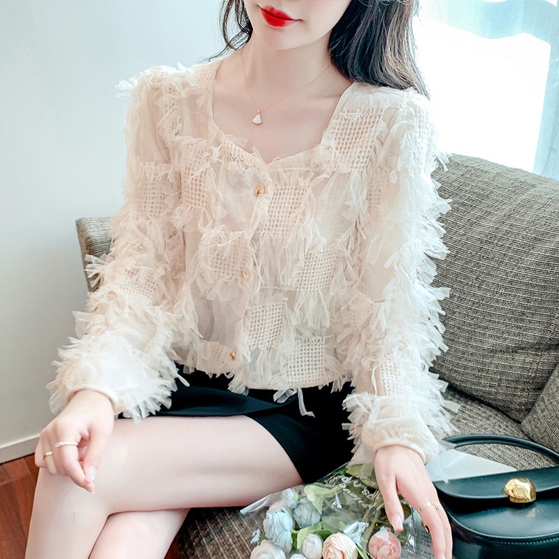 Áo Kiểu Tay Dài Cổ Vuông Phối Ren Tua Rua Thời Trang Kiểu Pháp Mới Cho Nữ