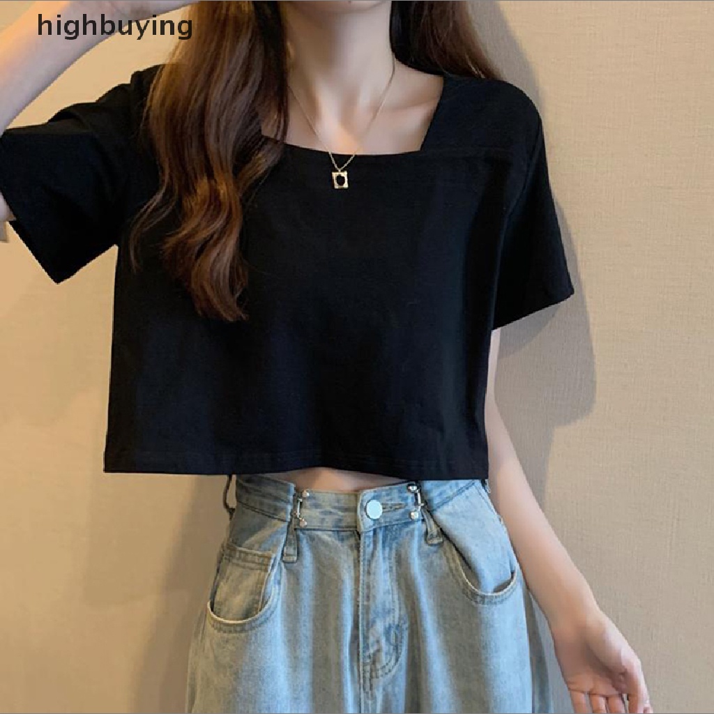 Áo Thun Lửng Cổ Vuông Tay Ngắn Màu Sắc Đơn Giản Cho Nữ