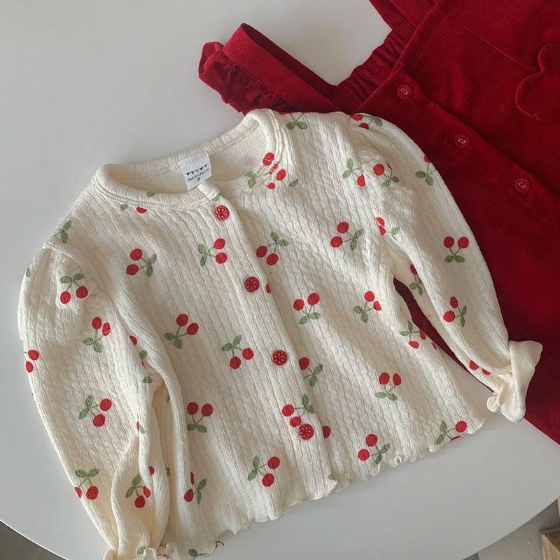 Áo Sơ Mi Tay Phồng Họa Tiết Cherry Phong Cách Hàn Quốc Thời Trang Xuân Thu Cho Bé Gái