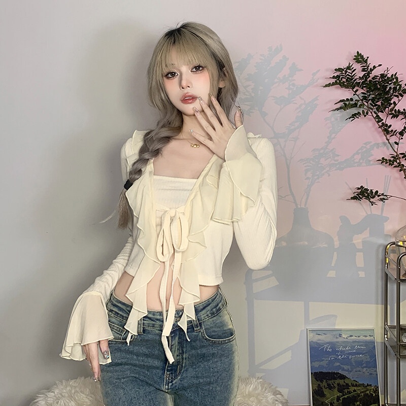 Kliou 2023 Mới Áo Cardigan Ngắn Ôm Dáng Tay Chuông Ngắn Diềm Xếp Nếp Thông Thoáng Màu Mơ Tươi Trẻ Mới 2023