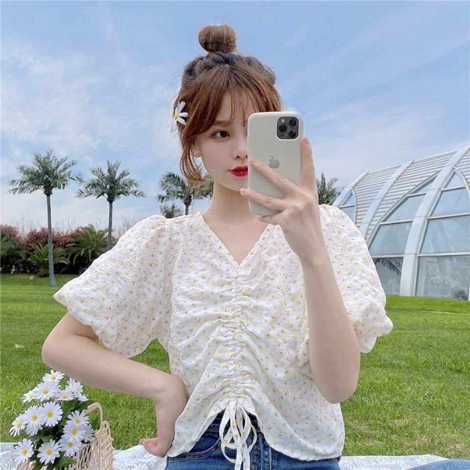 Áo Sơ Mi Ngắn Mỏng Cổ Chữ v Rút Dây Họa Tiết Hoa Phong Cách Phương Tây Mới 2023