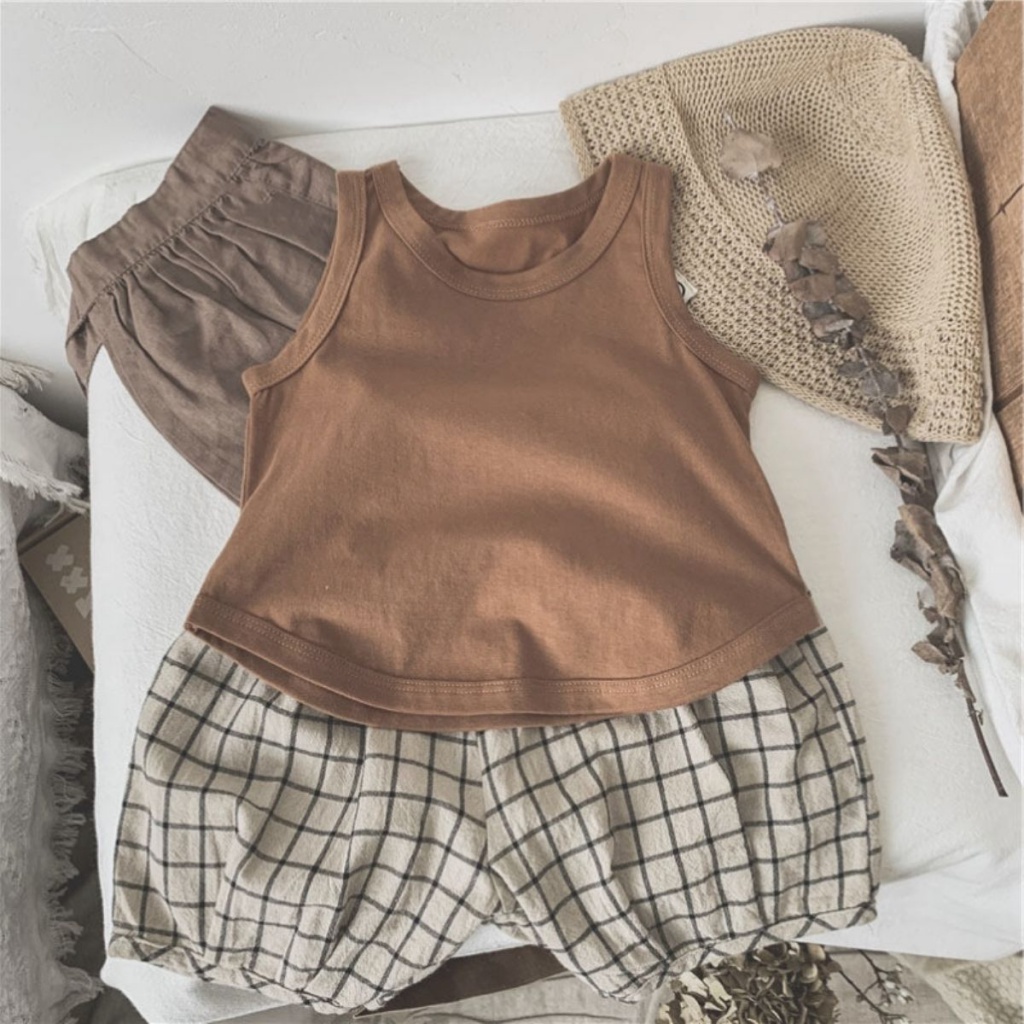 MNGRL Áo Ba Lỗ Cotton Màu Trơn Cổ Tròn Mềm Mát Bé Trai Bé Gái