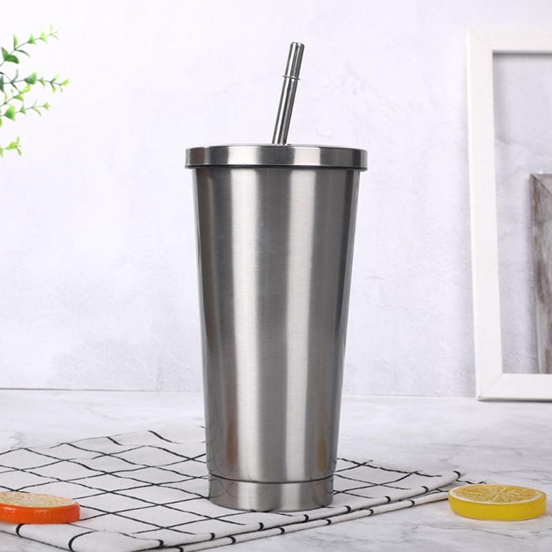 Cốc Uống Nước Bằng Thép Không Gỉ Có Nắp Và Ống Hút Tiện Dụng