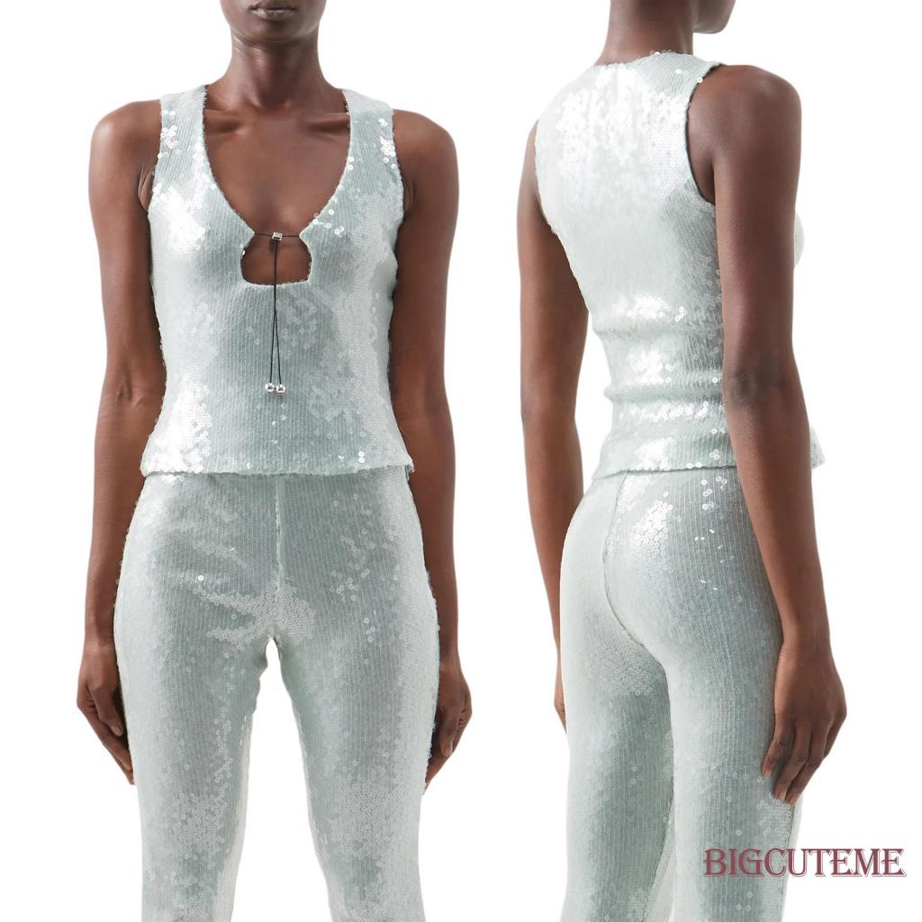 Áo Tank Top Sát Nách Màu Trơn Đính Kim Sa Lấp Lánh Phối Dây Rút Cá Tính Cho Nữ