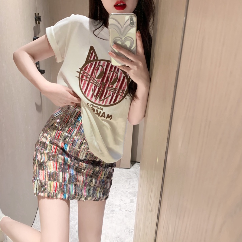 Set Áo Thun Ngắn Tay In Họa Tiết + Chân Váy Lưng Cao Ô Vuông Nhiều Màu Săc Thời Trang Dành Cho Nữ