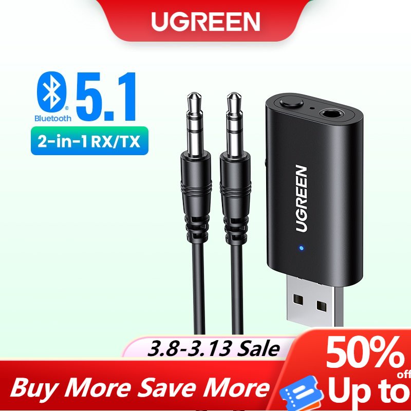 Bộ chuyển đổi âm thanh Ugreen bluetooth 5.1 thiết kế 2 trong 1 cho loa xe hơi / loa nghe nhạc kèm cáp