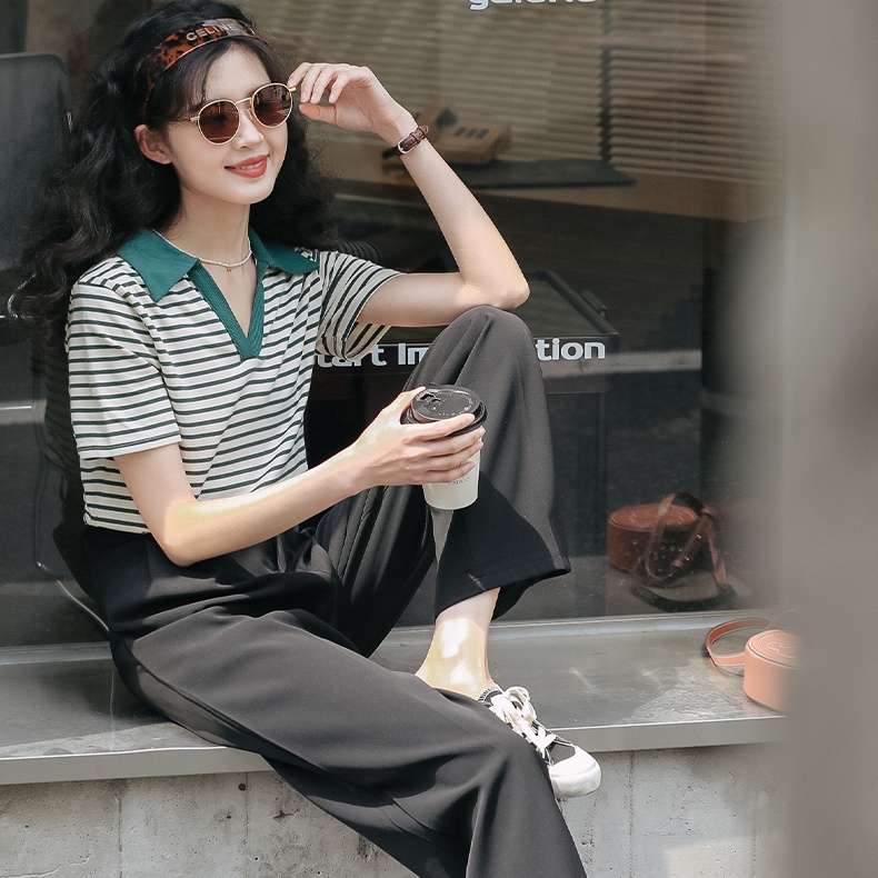 SUXI Áo polo Ngắn Tay Form Rộng Họa Tiết Kẻ Sọc Phong Cách Vintage