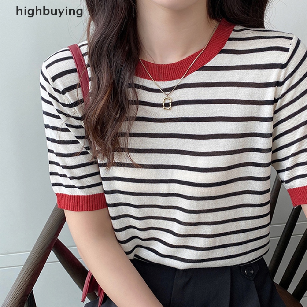 Áo Thun Dệt Kim Tay Ngắn Cổ Tròn Họa Tiết Kẻ Sọc Thời Trang Mùa Hè Cho Nữ