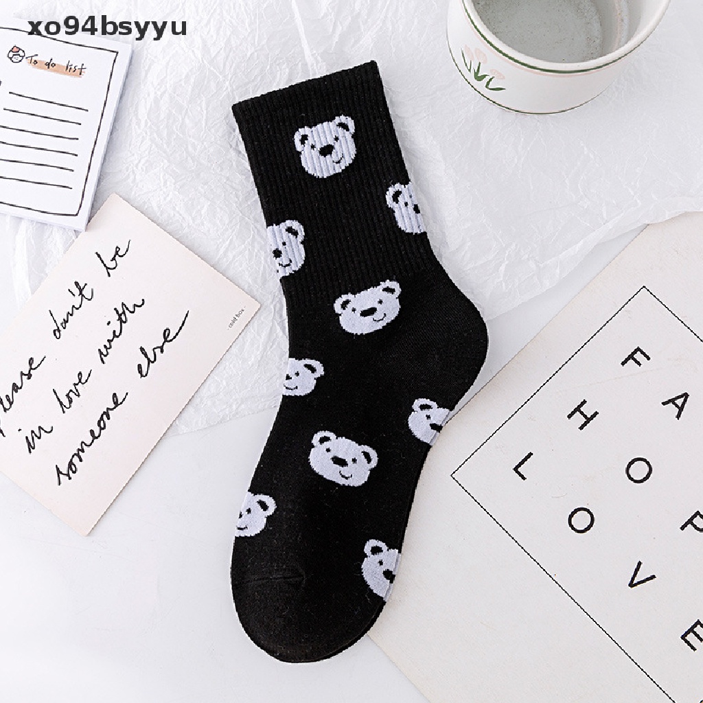 Vớ Cotton Cổ Cao Họa Tiết Hoạt Hình Màu Trắng Đen Thấm Hút Mồ Hôi Thoáng Khí xo94bsyyu