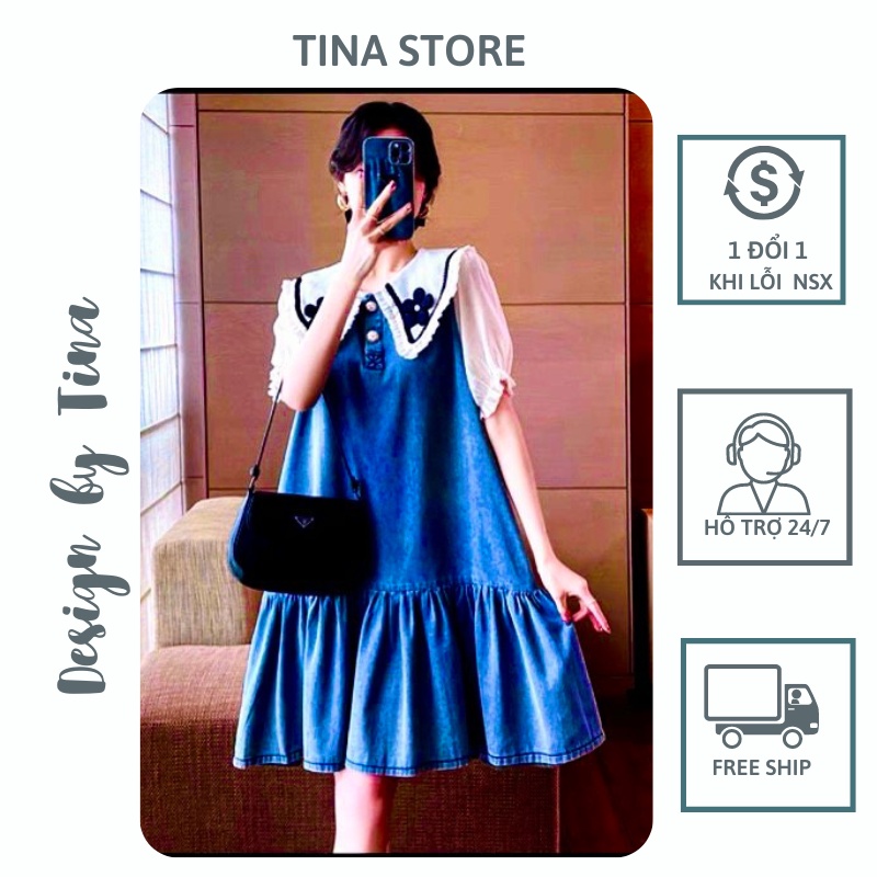 Váy Bầu Thiết Kế, Đầm Bầu Công Sở Vải Giả Jean Cổ Thuyền Xinh Xắn