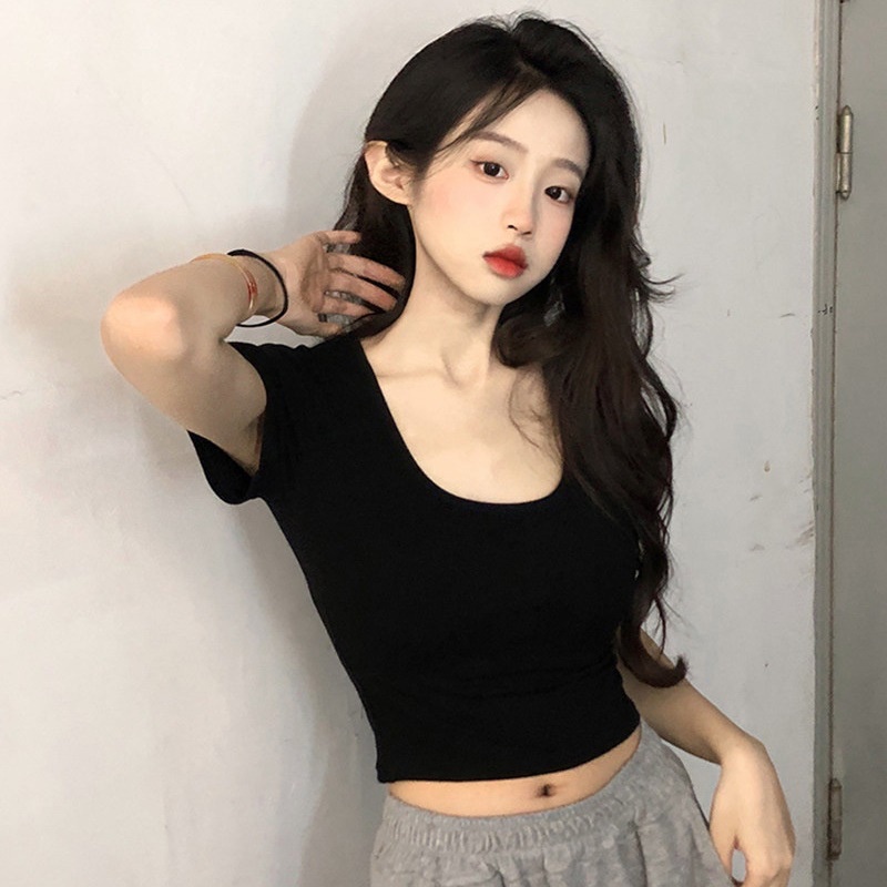 Áo Thun Ôm Sát Cổ Chữ U Quyến Rũ Thời Trang Mùa Hè Hàng Mới Dành Cho Nữ