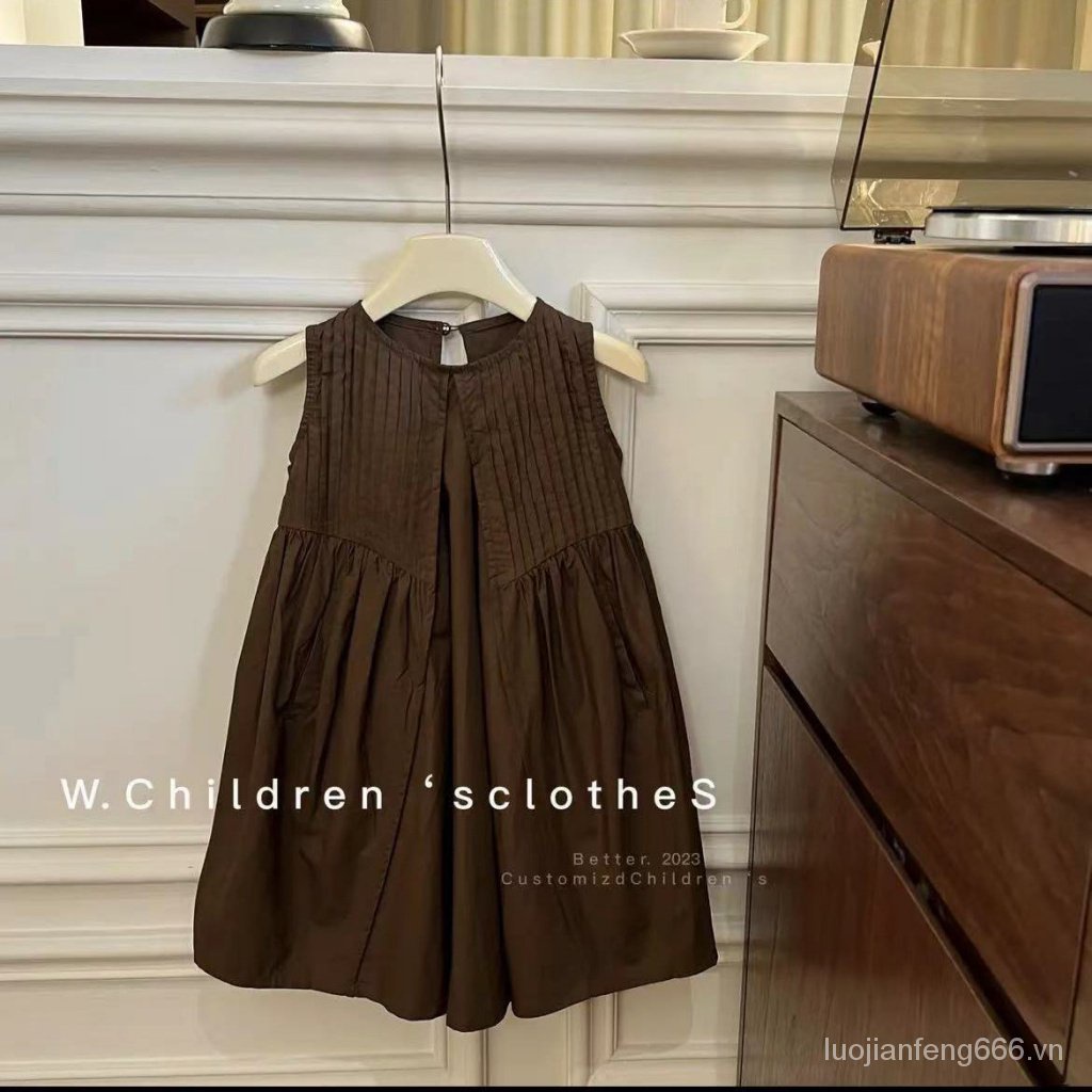[Out of stock] Girls retro Pleated vest dress Western style Korean children's clothing 2023 Summer C