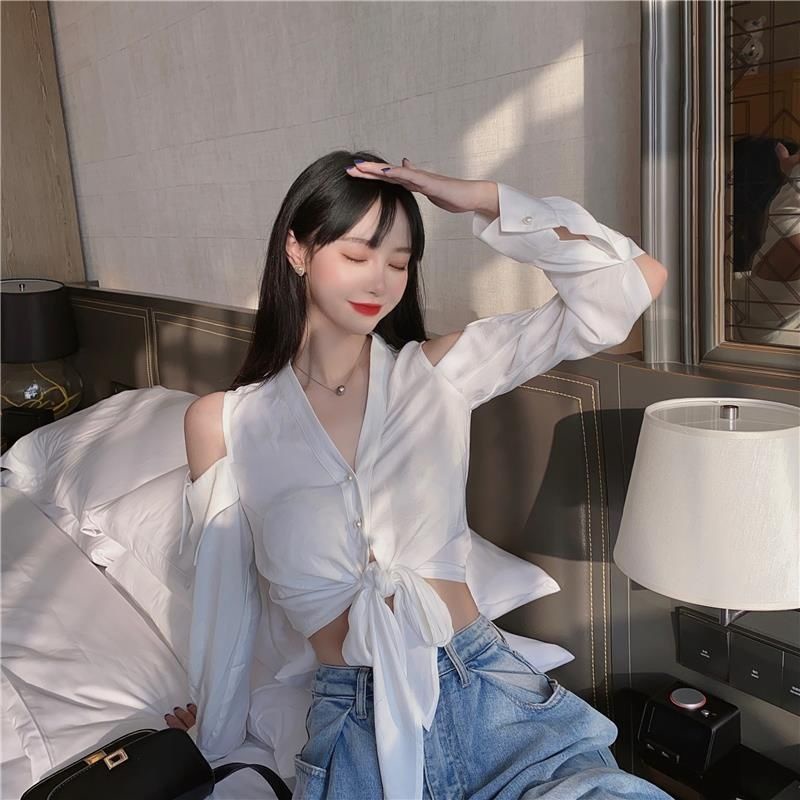 IELGY  Áo Kiểu Tay Dài Trễ Vai Cổ Chữ v Phong Cách Pháp Thời Trang Cho Nữ