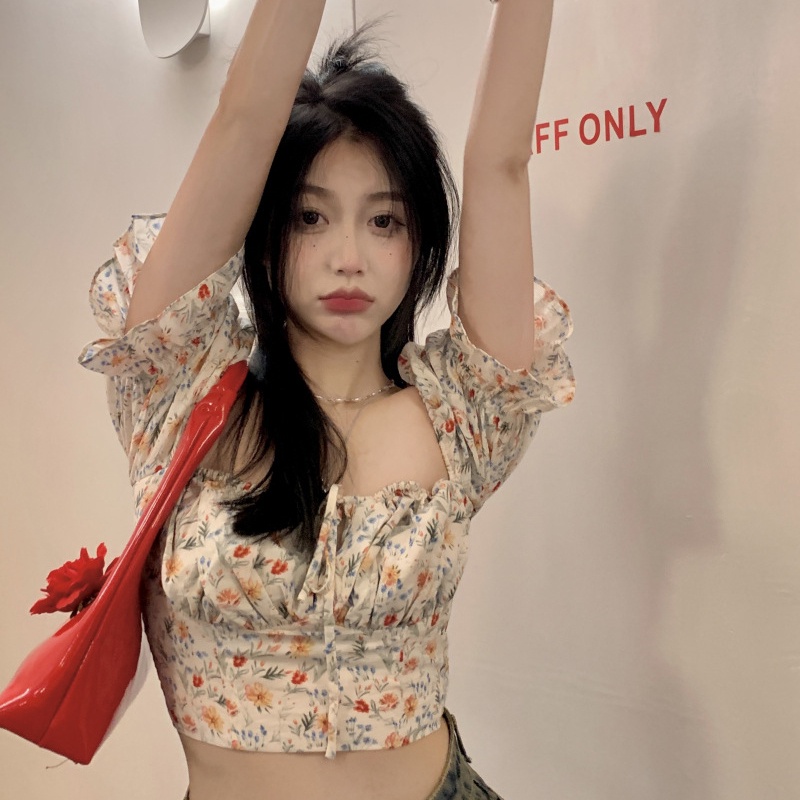 IELGY     Áo Kiểu Tay Phồng Cổ Vuông In Họa Tiết Hoa Phong Cách Pháp Thời Trang Cho Nữ