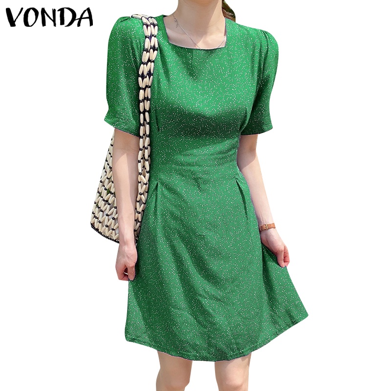 Đầm Tay Ngắn Phồng Cổ Vuông Họa Tiết Chấm Bi Phong Cách Hàn Quốc Thời Trang Cho Nữ