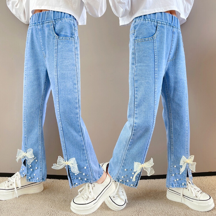 Quần Denim Ống Rộng Thắt Nơ Đính Hạt Mẫu Mới 2023 Thời Trang Mùa Xuân Cho Bé Gái 2023