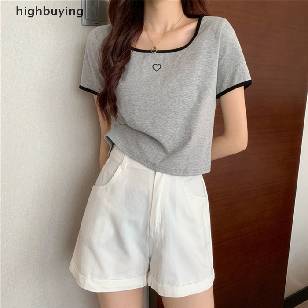 Áo Thun Croptop Ngắn Tay Cổ Vuông Thêu Họa Tiết Trái Tim Màu Sắc Tương Phản Thời Trang Mùa Hè Cho Nữ