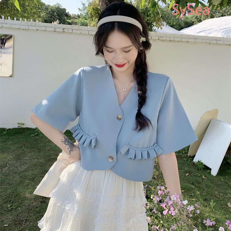 Áo Kiểu Tay Ngắn Cổ Chữ V Phối Ren Thời Trang Mùa Hè Cho Nữ