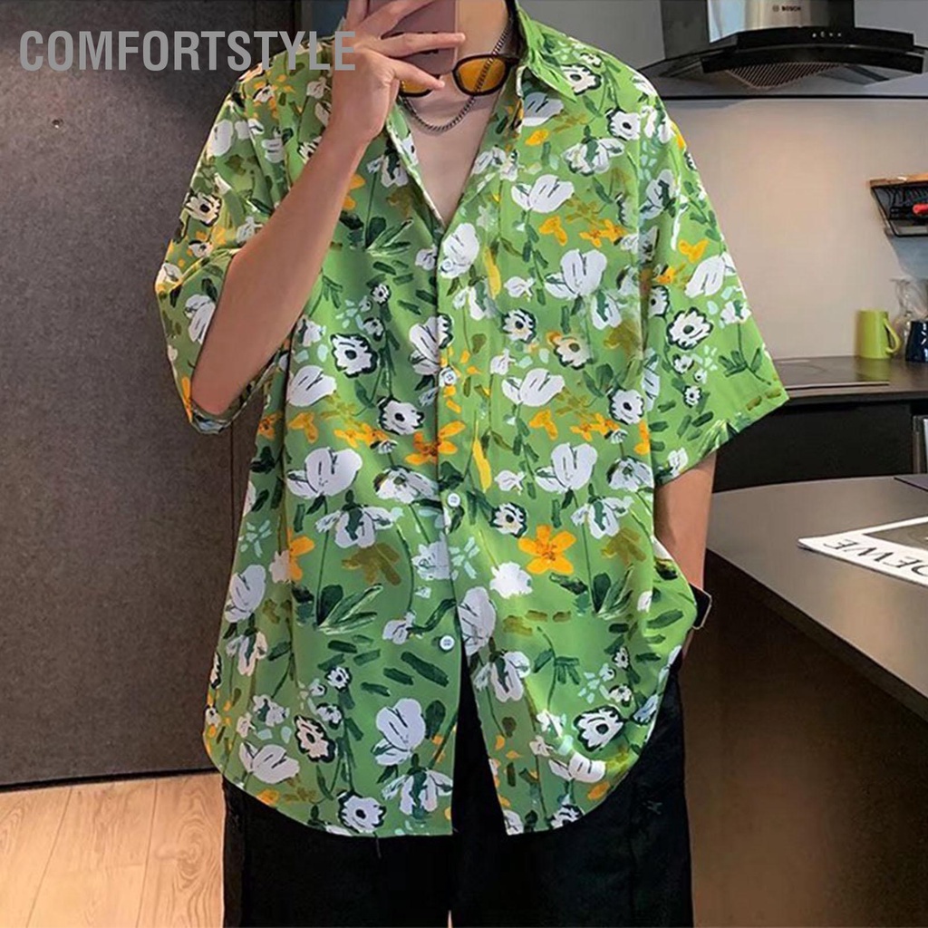 Comfortstyle Họa Tiết Hoa Áo Sơ Mi Nam Cổ Gập Nút Xuống Dáng Rộng Retro Ngắn Tay Cho Đi Biển Hàng Ngày cxmin05.vn