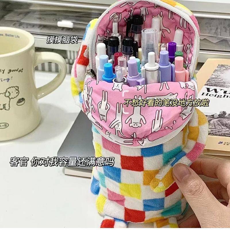 Japanese Plush Student Pencil Bag Girl's Large Capacity High Color Contrast Checker Stationery Box Pencil Box Storage Bag