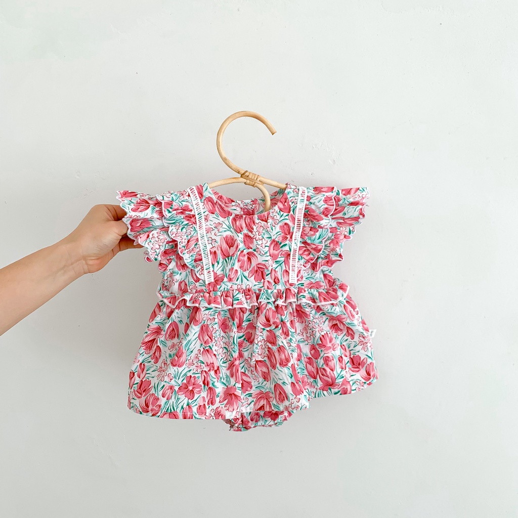 Bộ Áo Liền Quần Tay Cánh Tiên In Hoa Nhí Xinh Xắn Cho Bé Gái Sơ Sinh