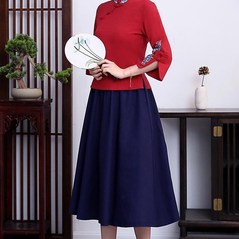 Áo Kiểu Cách Tân Vải Lanh Cotton Cổ Đứng Phối Nút Thêu Họa Tiết Thổ Cẩm Chất Lượng Cao