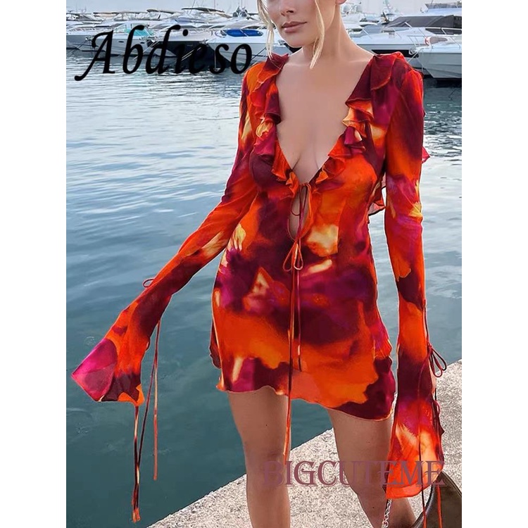 Đầm Mini Tay Dài Cổ Chữ V Họa Tiết Màu Nhuộm Phối Bèo Thời Trang Cho Nữ