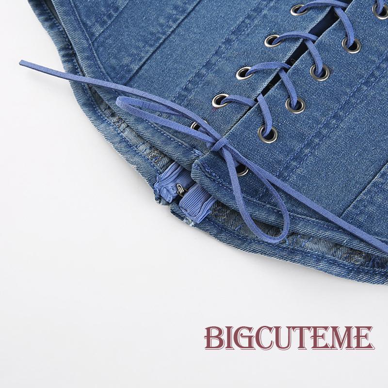 [] - Áo Ống Denim Nữ Hình Xương Cá Thắt Dây Trước Sau Màu Xanh Dương Y2K Phong Cách Hàn Quốc