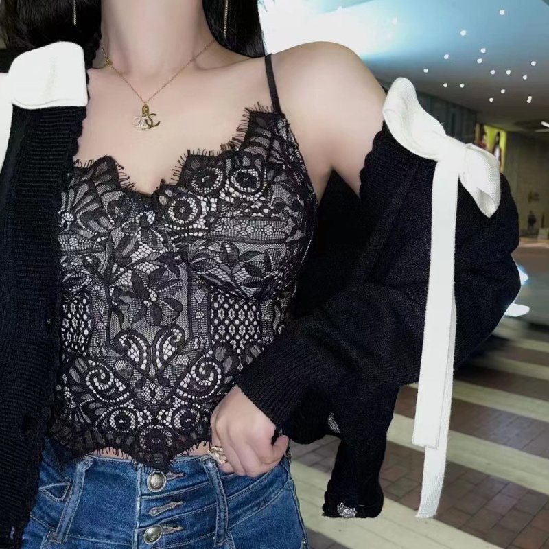 Áo Hai Dây Cúp Ngực Bằng Da Phối Ren Ôm Ngực Phong Cách Pháp Thanh Lịch Gợi Cảm