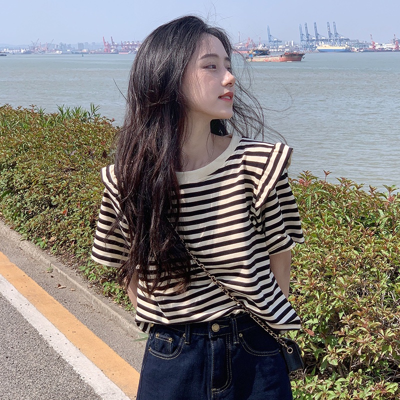 Áo thun SUXI tay ngắn cổ tròn dáng rộng họa tiết kẻ sọc thời trang cổ điển dễ phối đồ cho nữ