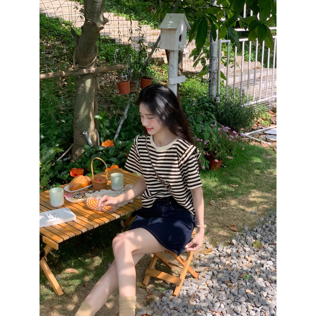 Áo thun SUXI tay ngắn cổ tròn dáng rộng họa tiết kẻ sọc thời trang cổ điển dễ phối đồ cho nữ