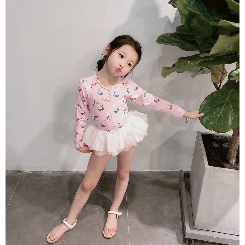 Đồ bơi trẻ em 1 mảnh dài tay ngựa hồng SG152 sz 90-140 , áo bơi phối voan liền quần siêu xinh cho bé gái