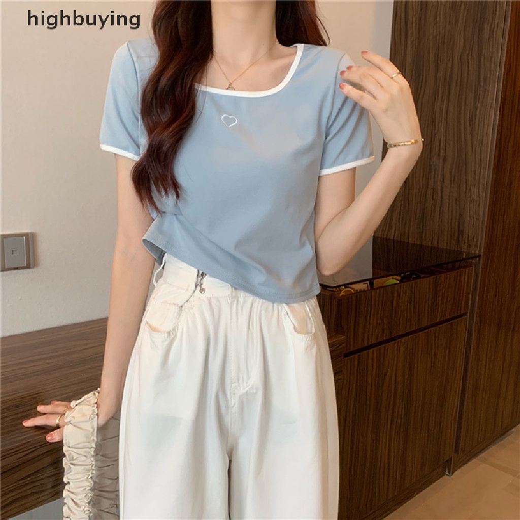 Áo Thun Croptop Ngắn Tay Cổ Vuông Thêu Họa Tiết Trái Tim Màu Sắc Tương Phản Thời Trang Mùa Hè Cho Nữ