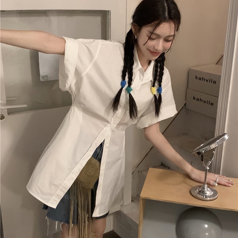 IELGY Áo Sơ Mi Tay Ngắn Dáng Ôm Màu Xanh Dương Dễ Phối Đồ Thời Trang Cho Nữ