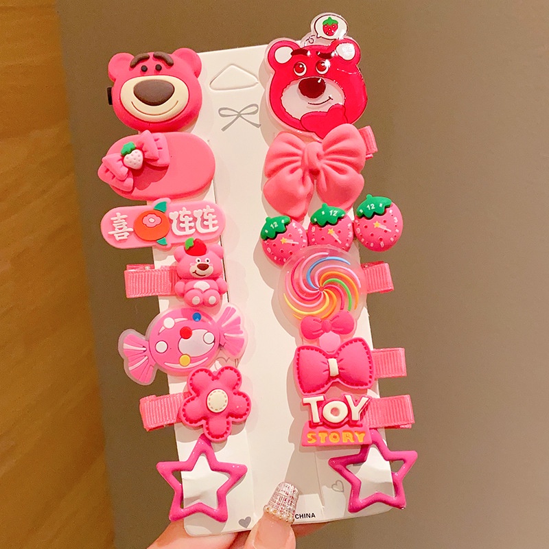 Set 14 Kẹp Tóc Hình Gấu / Dâu Tây Dễ Thương Cho Bé Gái