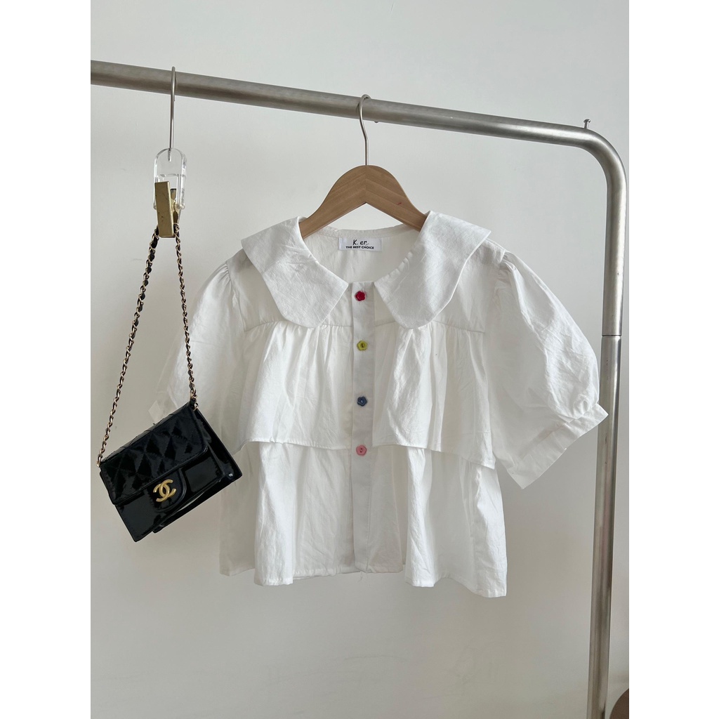 Áo Sơ Mi cổ tầng bèo cúc hình hoa, Áo sơ mi trắng dáng croptop đi học đi chơi