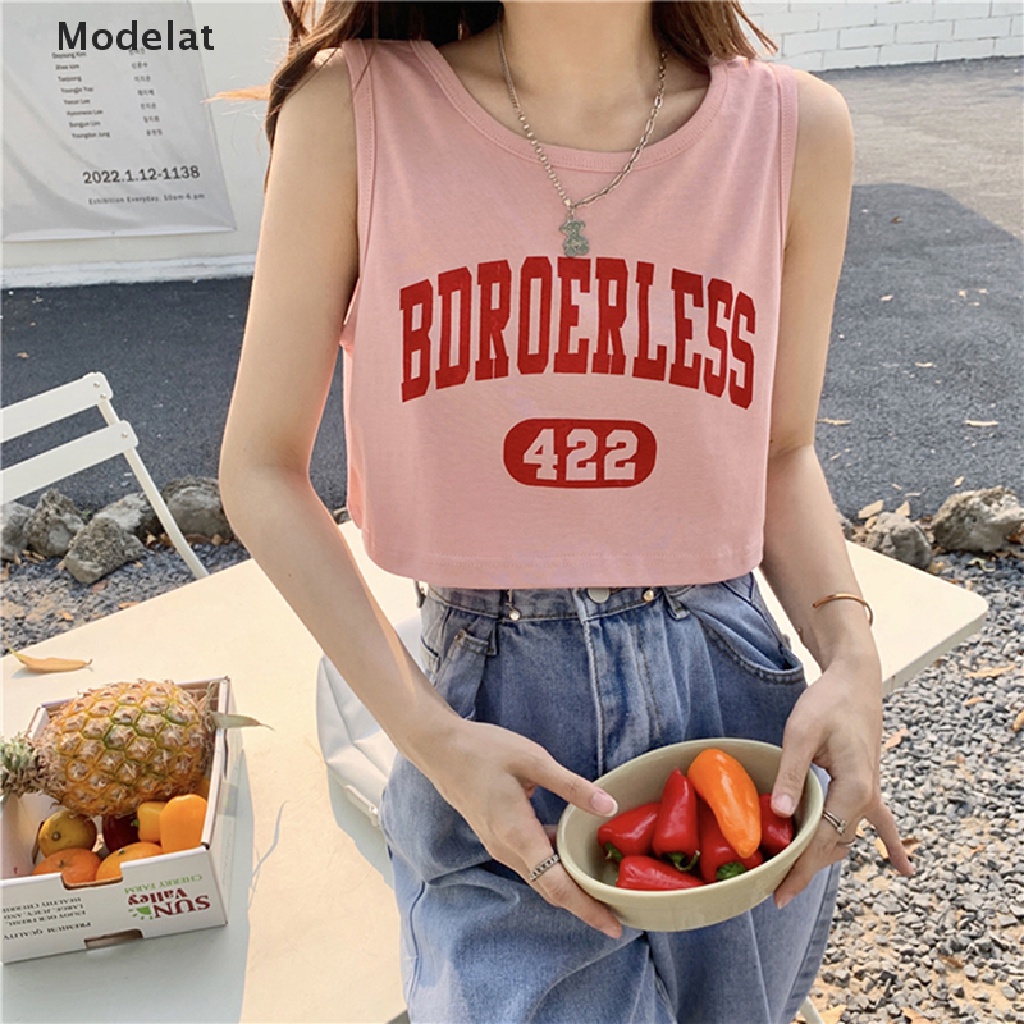 Áo Crop Top Không Tay Cổ TròN In Chữ ThờI Trang Cho Nữ