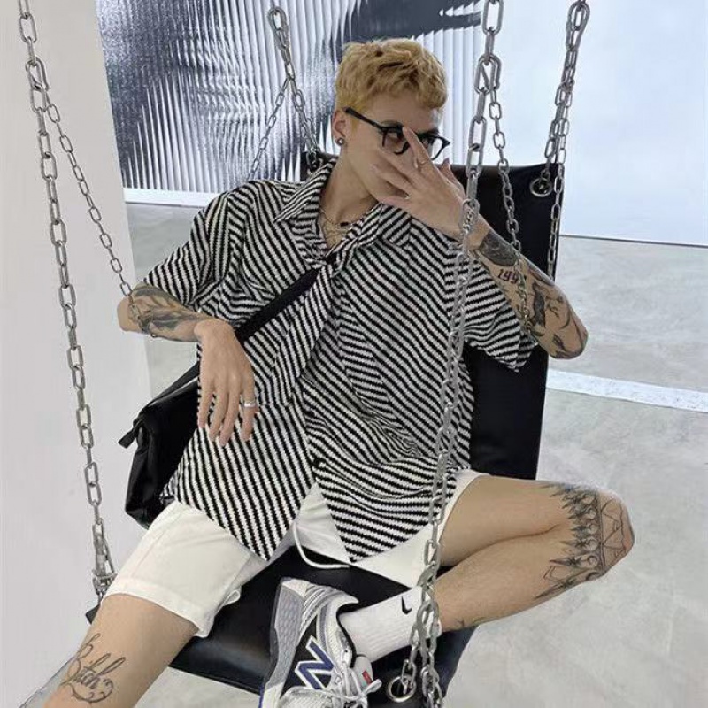 Áo Sơ Mi Tay Ngắn Dáng Rộng Họa Tiết Kẻ Sọc Phong Cách Harajuku Thời Trang Mùa Hè Cho Nam