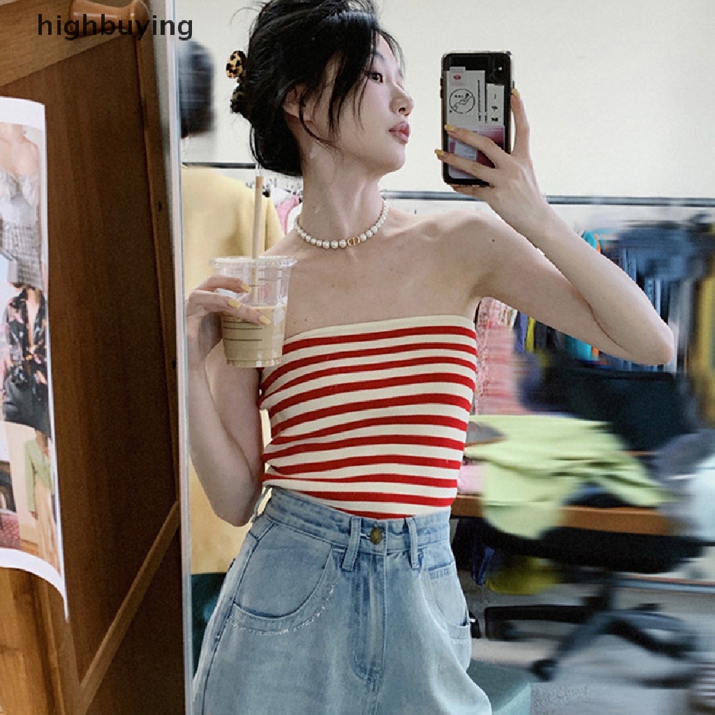 Áo Croptop Dệt Kim Không Tay Họa Tiết Kẻ Sọc Thời Trang Mùa Hè Hàn Quốc Cho Nữ