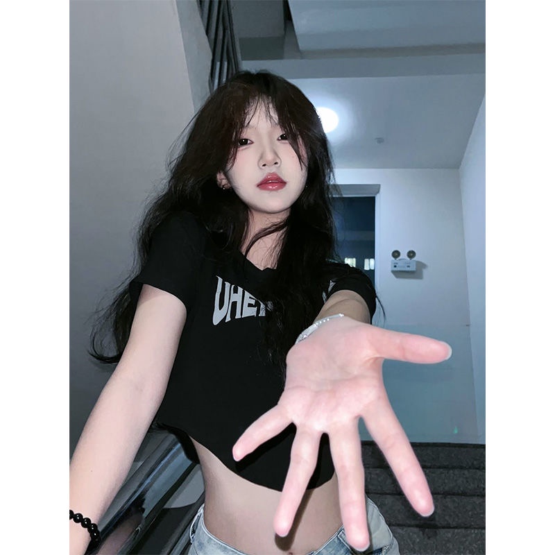 Jiashucheng Áo Thun Tay Ngắn Hở Vai Ôm Dáng Mùa Hè Ngọt Ngào Phong Cách Mỹ Cho Nữ