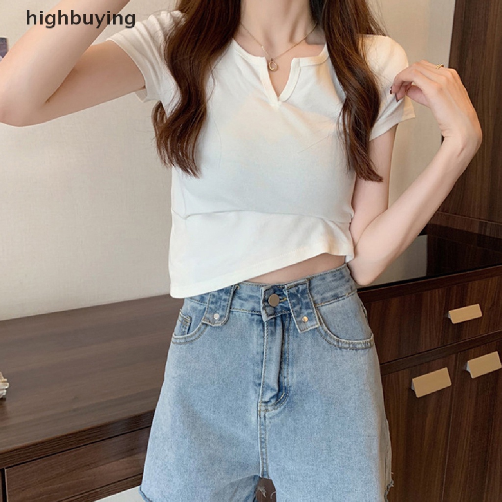 Áo Thun Lửng Tay Ngắn Cổ Chữ V Màu Sắc Đơn Giản Cho Nữ