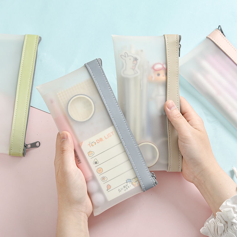 Túi Đựng Bút Màu Nhám Trong Suốt Sức Chứa Lớn Phong Cách Hàn Quốc