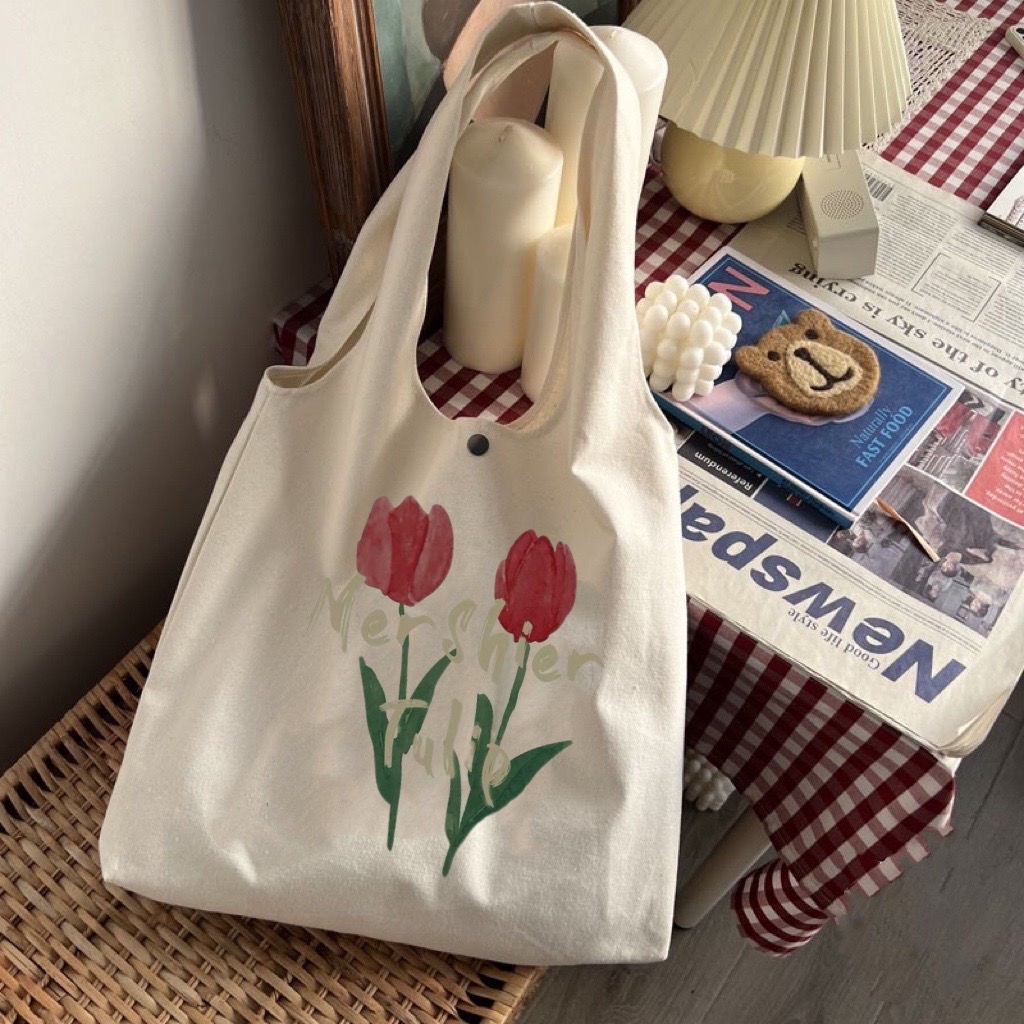 Túi Tote Vải Canvas Đi Học Cành Hoa TULIP Phong Cách Hàn Quốc MTT0336