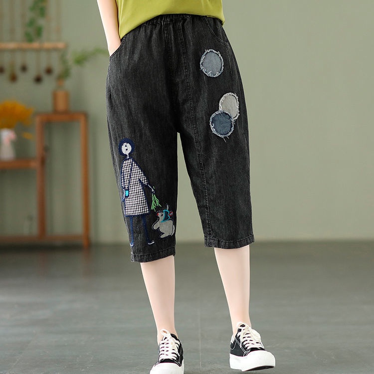 Quần Jeans Lửng Lưng Thun Thêu Họa Tiết Hoạt Hình Thời Trang Mùa Hè Cho Nữ