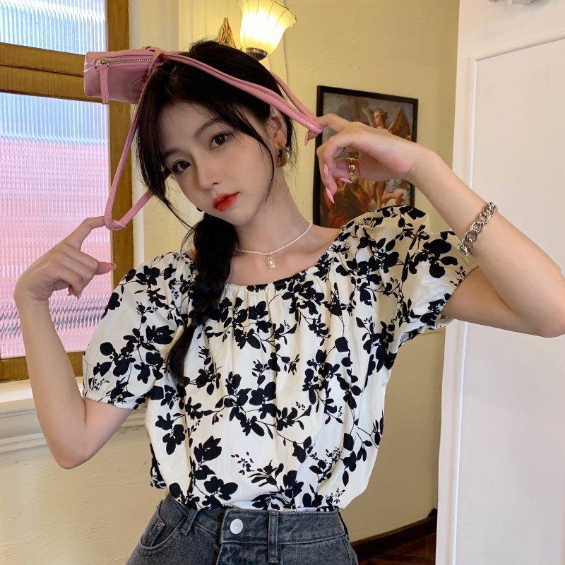 IELGY    Áo Sơ Mi Tay Ngắn Dáng Rộng Họa Tiết Hoa Phong Cách Hàn Quốc Cho Nữ