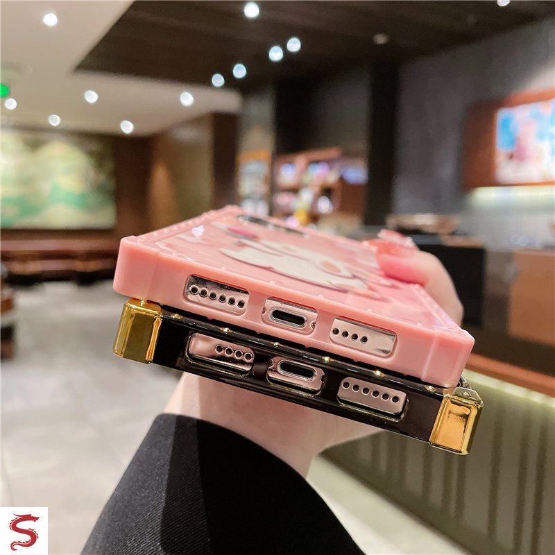 Ốp Điện Thoại Hình Vuông Họa Tiết Hoa Hồng Và Thỏ Dễ Thương Cho iPhone 14 Pro Max 13 12 11 Pro Max XR XS Max 7 8 6s Plus SE2