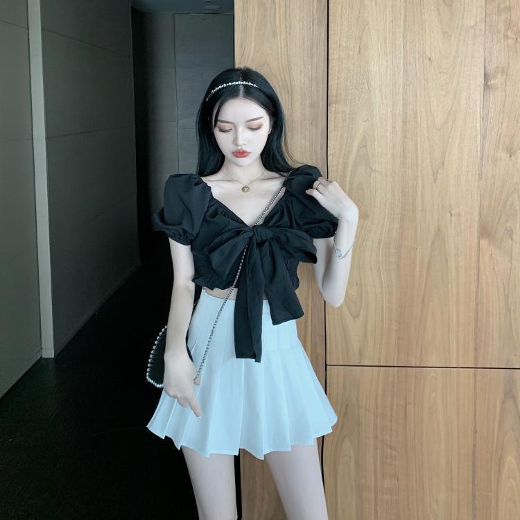 COZOK Áo Sơ Mi Tay Ngắn Cổ Vuông Thắt Nơ Eo Phong Cách Hàn Quốc Quyến Rũ Dành Cho Nữ