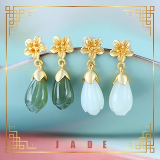 Bông tai mạ bạc 925 hình hoa mộc lan đính đá ngọc bích phong cách vintage